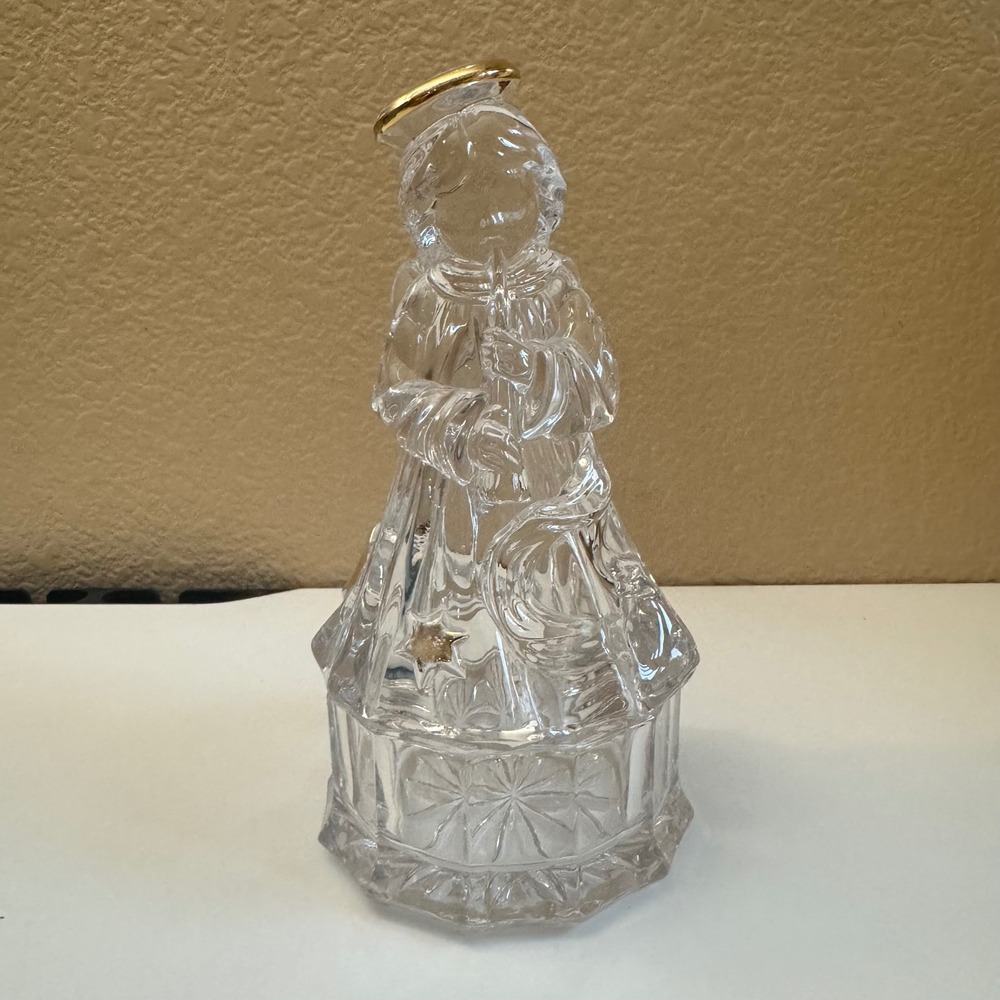 Mikasa Lead Crystal Angel Trinket Box Figurine Gold Halo Flute Germany 7.5"